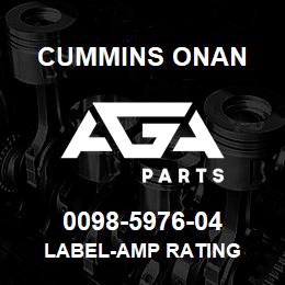 0098-5976-04 Cummins Onan LABEL-AMP RATING | AGA Parts