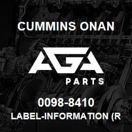0098-8410 Cummins Onan LABEL-INFORMATION (REAR) | AGA Parts