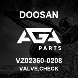 VZ02360-0208 Doosan VALVE,CHECK | AGA Parts