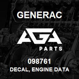 098761 Generac DECAL, ENGINE DATA | AGA Parts