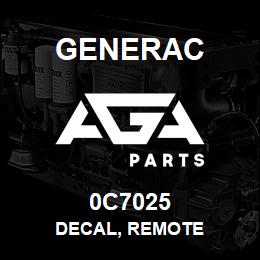0C7025 Generac DECAL, REMOTE | AGA Parts