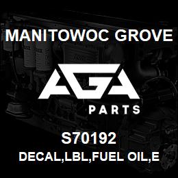 S70192 Manitowoc Grove DECAL, LBL, FUEL OIL, E | AGA Parts