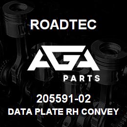 205591-02 Roadtec DATA PLATE RH CONVEYOR CONTROL | AGA Parts