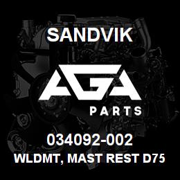 034092-002 Sandvik WLDMT, MAST REST D75KS | AGA Parts