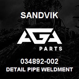 034892-002 Sandvik DETAIL PIPE WELDMENT | AGA Parts