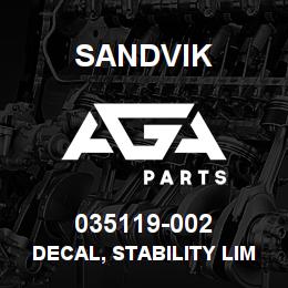 035119-002 Sandvik DECAL, STABILITY LIMITS | AGA Parts