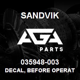 035948-003 Sandvik DECAL, BEFORE OPERATION, SPANISH | AGA Parts