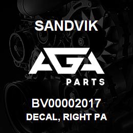 BV00002017 Sandvik DECAL, RIGHT PA | AGA Parts
