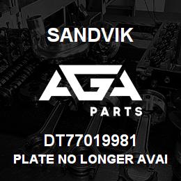DT77019981 Sandvik PLATE NO LONGER AVAILABLE T TEXT NA | AGA Parts