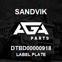 DTBD00000918 Sandvik LABEL PLATE | AGA Parts