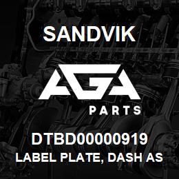 DTBD00000919 Sandvik LABEL PLATE, DASH ASSY TS495 | AGA Parts