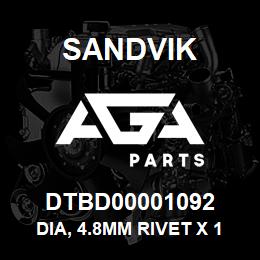 DTBD00001092 Sandvik DIA, 4.8MM RIVET X 14.2 LG LS171/ | AGA Parts