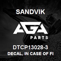 DTCP13028-3 Sandvik DECAL, IN CASE OF FIRE, FRENCH | AGA Parts