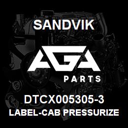 DTCX005305-3 Sandvik LABEL-CAB PRESSURIZER PORTUGUESE | AGA Parts
