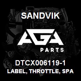 DTCX006119-1 Sandvik LABEL, THROTTLE, SPANISH | AGA Parts