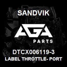 DTCX006119-3 Sandvik LABEL THROTTLE- PORTUGUESE | AGA Parts