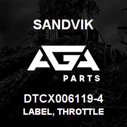 DTCX006119-4 Sandvik LABEL, THROTTLE | AGA Parts