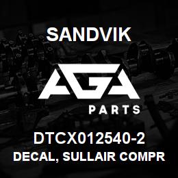DTCX012540-2 Sandvik DECAL, SULLAIR COMPRESSOR, SPANISH | AGA Parts