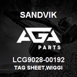 LCG9028-00192 Sandvik TAG SHEET,WIGGI | AGA Parts