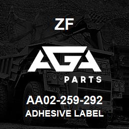 AA02-259-292 ZF ADHESIVE LABEL | AGA Parts